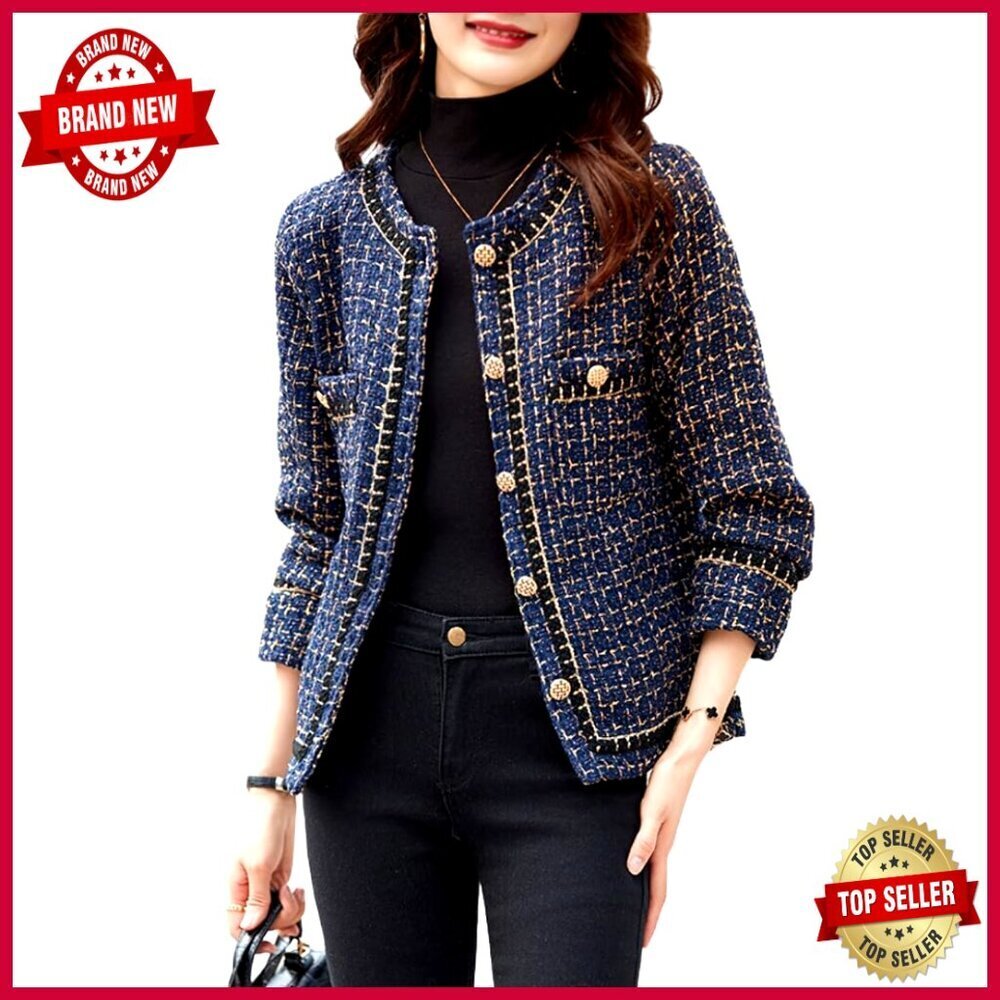 Women's Plaid Tweed Blazer Jacket Business Casual Open Front Regular Fit